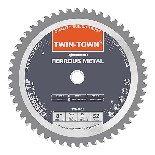 TWIN-TOWN 8 Inch 52 Teeth Dry Cut Steel and Ferrous Metal Cermet Saw Blade with 5/8-Inch Arbor