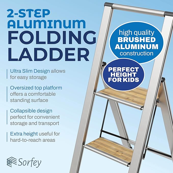 Step Ladder 2 Step Folding, Decorative - Beautiful Bamboo & Silver Aluminum, Ultra Slim Profile, Anti Slip Steps, Sturdy-Portable for Home, Office, Kitchen, Photography Use,by SORFEY