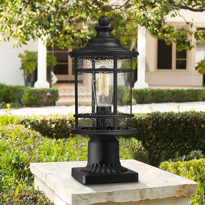 Emliviar Outdoor Post Light Fixtures, 15 Inch Farmhouse Modern Lamp Post Lighting for Outside, Black Finish with Seeded Glass, XE229P BK