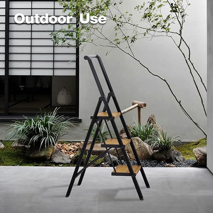 HillhutApex 3 Step Foldable Aluminum Step Ladder with Handgrip, Anti-Slip Wide Pedal, 330 lbs Capacity, Lightweight & Portable for Home, Kitchen, Office (Black & Woodgrain)