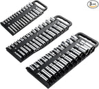 Magnetic Socket Organizer Set, 3-Piece Black Portable Magnetic Socket Holder Tray, Heavy Duty Socket Racks For 1/2-inch& 3/8-inch& 1/4-inch Drive, Hold 76 Sockets - Fit Shallow&Deep Sockets