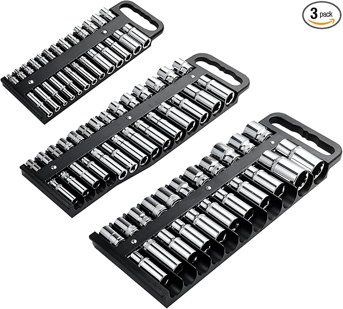 Magnetic Socket Organizer Set, 3-Piece Black Portable Magnetic Socket Holder Tray, Heavy Duty Socket Racks For 1/2-inch& 3/8-inch& 1/4-inch Drive, Hold 76 Sockets - Fit Shallow&Deep Sockets