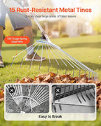 VEVOR Leaf Rake, 15 Metal Tines, Adjustable Garden Rake for Lawns with 7.5-22.4 Inch Wide Head & 32-63 Inch Long Handle, Heavy Duty Stainless Steel Small Leaves Tool for Gardening Camping Yard Grass