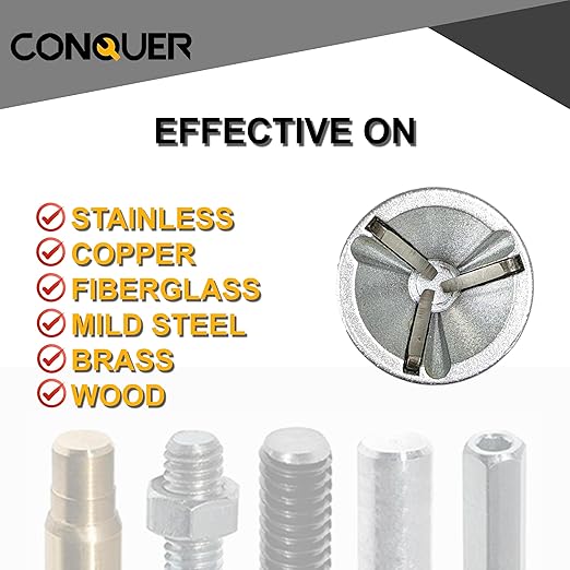 CONQUER HSS Deburring Chamfer Tool for Metal – External Burr Remover Drill Bit 1/8"–3/4", Thread Repair & Countersink Bit for Stainless Steel, Aluminum, Copper