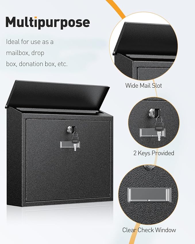 Uniclife Wall Mount Mailbox for Outside, Large Locking Mailbox with Key Lock, Security Mail Box, Postbox for House, Safe Key Drop Case, Steel Cash Drop Case for Home Office School, Black