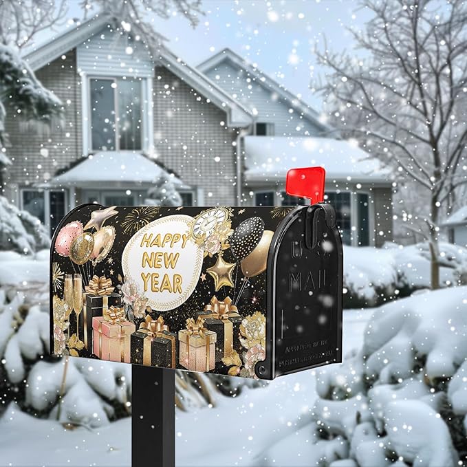 Happy New Year Mailbox Covers Magnet Standard Size 21 X 18 Inch Firework Balloon Mailbox Wraps Post Letter Box Cover Yard Garden Outdoor Decorations New Year Gift