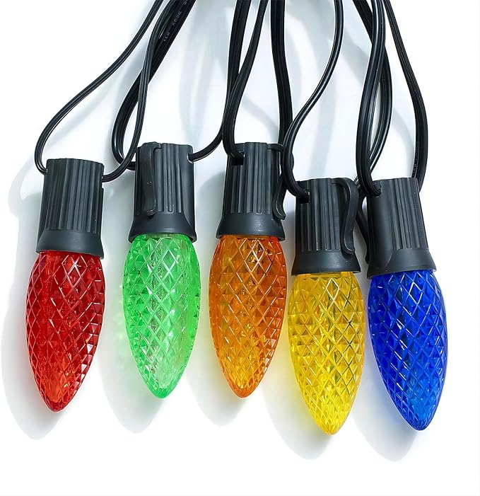 Meconard C9 Led Replacement Christmas Light Bulbs, C9 Shatterproof Led Bulbs for Christmas Indoor Outdoor String Lights, E17 Intermediate Base, Commercial Grade Holiday Bulbs, Multi-Color, 25Pack