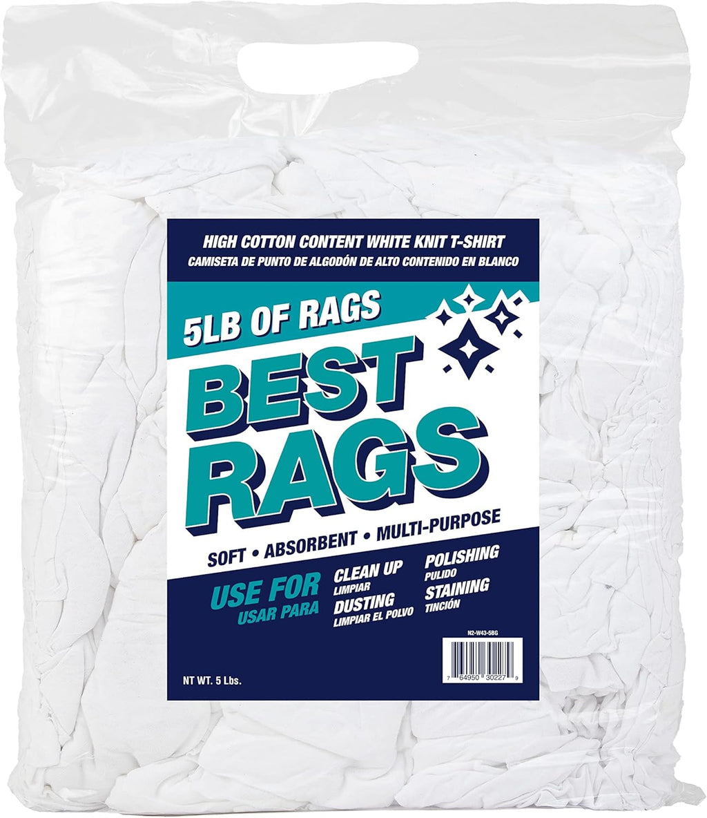 Arkwright W43 Cotton Tshirt Rags - 5 lb Bag - Soft Lint Free Cloths for Cleaning, Streak & Scratch-Free, Professional Grade Wiping Towels for Polishing, Painting, and Staining, White