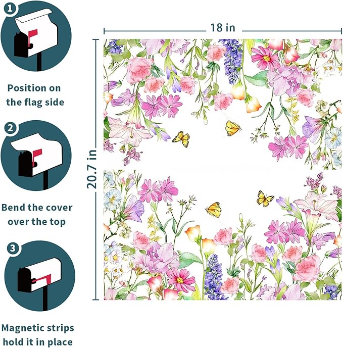 Kawani Spring Magnetic Mailbox Covers Spring Summer Watercolor Floral Butterfly Mailbox Covers Magnetic Standard Size 21x18 Inch Rustic Flower Post Letter Box Cover for Garden Yard Decor