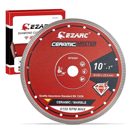 EZARC 10 Inch Diamond Saw Blade, 1" Arbor with 5/8" Brass Washer Adapter, Super Thin Tile Blade for Angle Grinder, Smooth Cutting for Porcelain Ceramic Granite Marble (1-Pack)