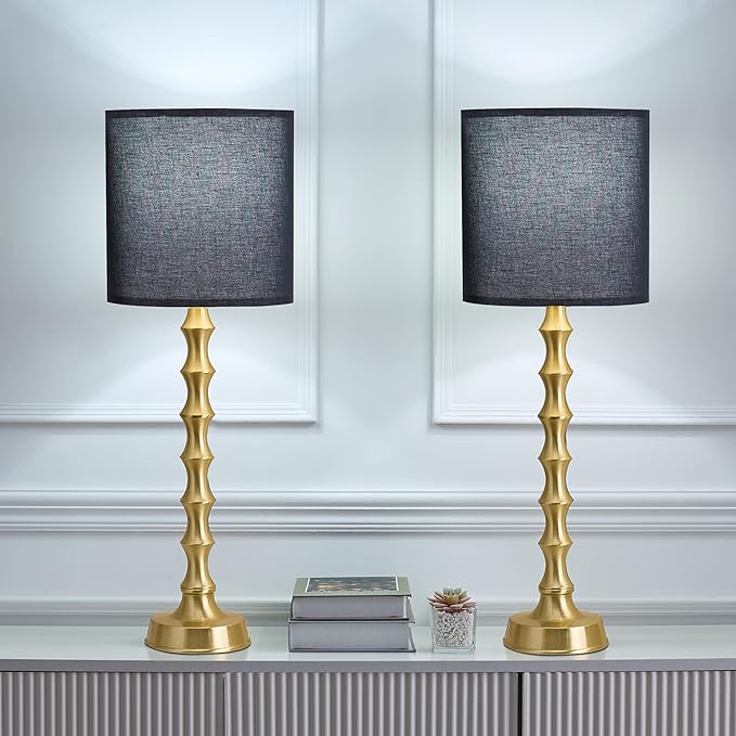 Set of 2 Gold Table Lamps, 30.5" Electroplated Gold Bamboo Base with White Linen Shade, Tall Buffet Lamps for Dining Room, Living Room, Bedroom Decor