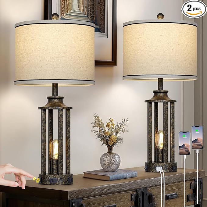 27.5" Bronze Farmhouse Table Lamps for Living Room, Tall Vintage Lamps Set of 2 with USB A+C Charging Port & AC Outlet, Rustic Bedside Lamp with Night Light, Bedroom Lamp for Nightstand Side End Table