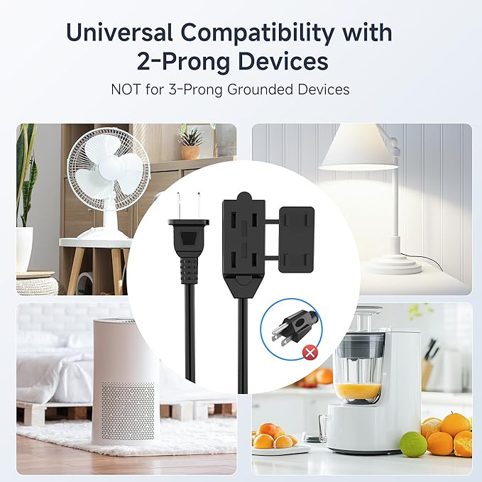 Cable Matters [UL Listed] 2-Pack 16 AWG 2 Prong Extension Cord 6 ft, 13A 3-Outlet Extension Cords with Tamper Guard, 13 Amp, 1625 Watts, Black