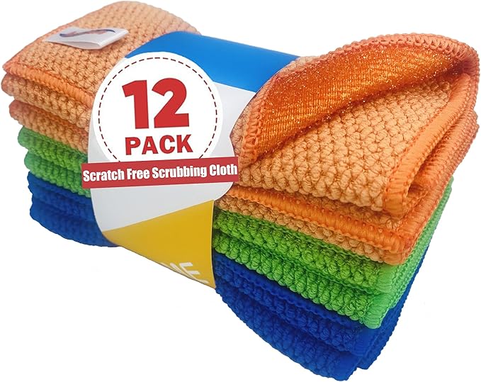 12 Pack Microfiber Scrub Dish Cleaning Cloth, Non-Scratch, Reusable & Durable for Pan Pot Dish Cooktop Stovetop Counter Kitchen Household, Machine Washable, 6 x 6 Inch, Orange, Blue & Green Assorted