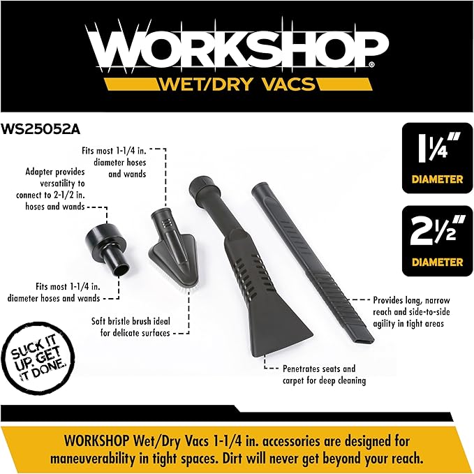 WORKSHOP Wet/Dry Vacs Shop Vacuum Accessories WS25052A Car Cleaning Kit for Wet Dry Vacuum Cleaners, 1-1/4-inch Vac Attachments with 2-1/2-inch Hose Adapter, Designed for Automotive Detailing