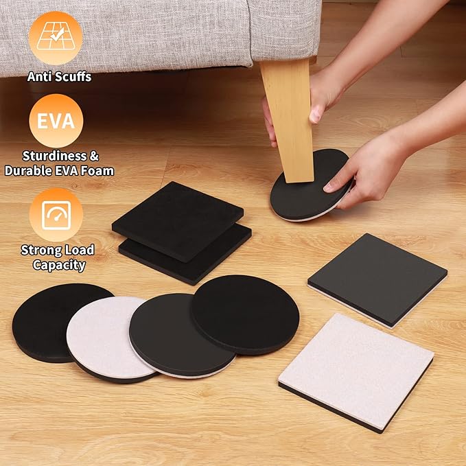 Ezprotekt 5" Round Felt Furniture Movers Sliders for Hardwood Floors, 8 Pcs Reusable Felt Furniture Moving Pads for Heavy Duty Bed Sofa Fridge Couch, Move Item Easily and Quickly (Black)