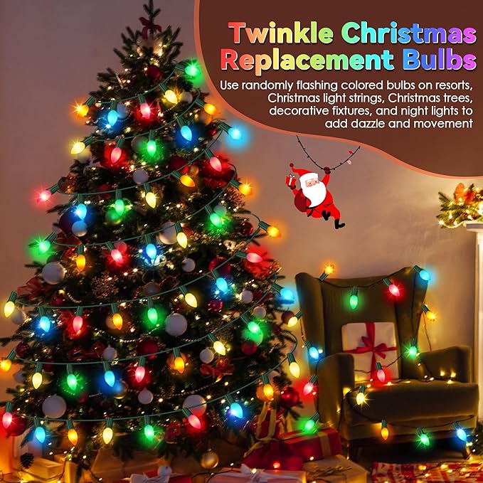 25 Pack Twinkle Christmas Replacement Bulbs, 7W Random Blinking Light Bulbs for Christmas String Light, Nightlights(Multicolor,C7,E12 Intermediate Base)
