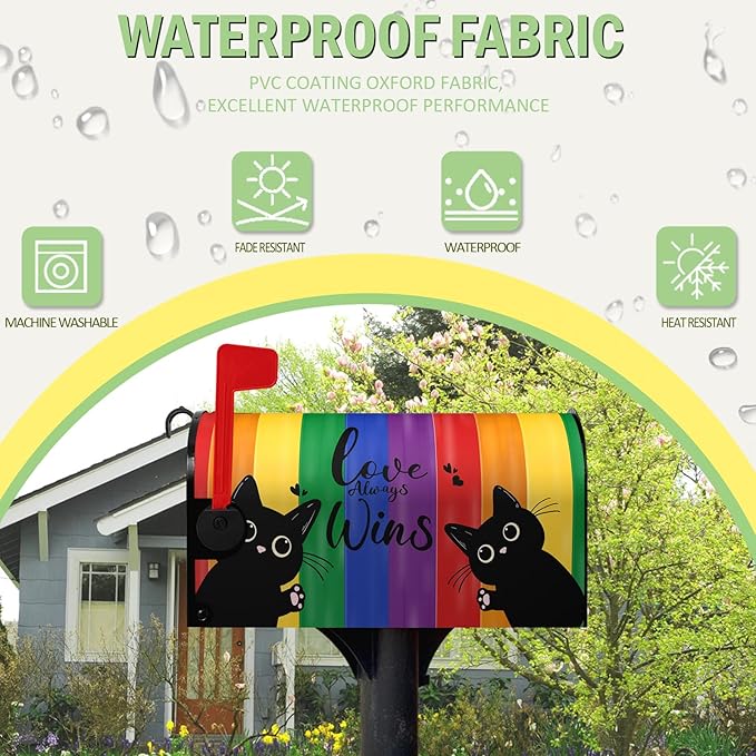 Rainbow Gay Pride Magnetic Mailbox Covers Standard Size 21 x 18 Inch Black Cat Love Always Wins Mailbox Post Cover LGBTQ Letter Box Wraps Waterproof Garden Yard Home Decor for Outside