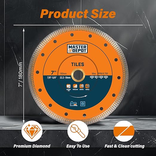 7 Inch Ultra-Thin Turbo Mesh Diamond Blade for Cutting Porcelain, Ceramic, Marble, Granite, 2 Pack for Handheld Saws and Angle Grinders, Dry and Wet Use, 7/8"-5/8" Arbor