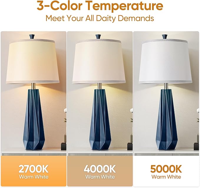 WIHTU 3 Color Temperature Table Lamps Set of 2, 27'' Navy Blue Modern Table Lamp for Living Room, Beside Lamp with Linen Shade, Resin Desk Lamp for Nightstands Bedroom Office Decor (2 Bulbs Included)