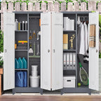 FLEXIMOUNTS 65'' Tall Metal Storage Cabinet with Locking Door, Large Cleaning Tool Organizer for Brooms, Garage, Laundry Room, Bathroom, Grey-White