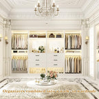 Unikito Closet System with Drawers, 100” Wood Closet Organizer with Hanging Rods and Mirror, Large Walk in Wardrobe Garment Rack with Adjustable Shelves, Sturdy Freestanding Closet Tower, White