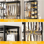 Homykic Bamboo Clothes Rack Garment Rack for Hanging Clothes, Heavy Duty Clothing Rack with 7 Tiers Adjustable Shelves, Double Rods, 4 Hooks, Freestanding Closet System Organizer Wardrobe, Black