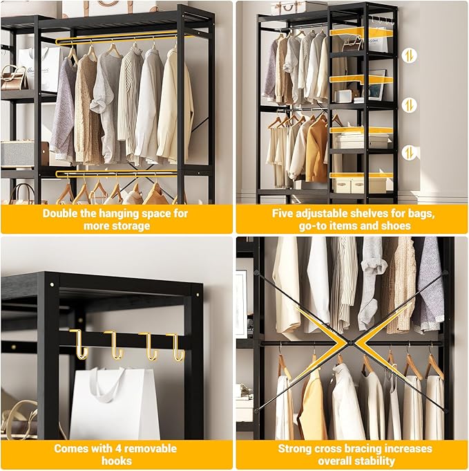 Homykic Bamboo Clothes Rack Garment Rack for Hanging Clothes, Heavy Duty Clothing Rack with 7 Tiers Adjustable Shelves, Double Rods, 4 Hooks, Freestanding Closet System Organizer Wardrobe, Black