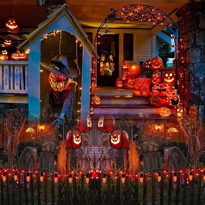 25 Pack C7 Replacement Bulbs, Orange Halloween Light Bulbs, E12 Candelabra Base 5W Incandescent for Outdoor String Lights, Christmas Tree Patio Porch Holiday Party Decor