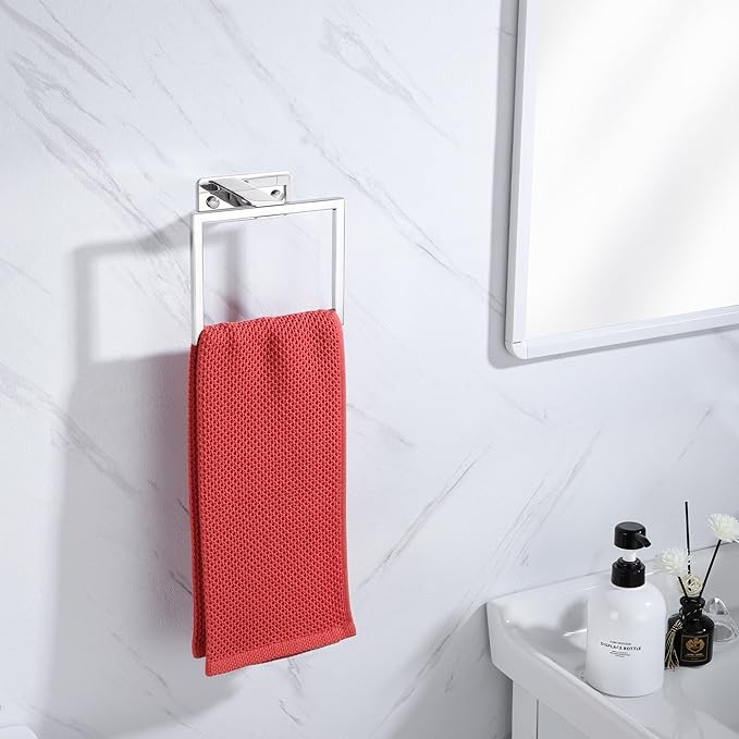 LANC Hand Towel Rings for Bathroom Wall Mount Chrome Polished Square Self Adhesive Hand Towel Holder for Lavatory Bathroom Hardware Accessories Stainless Steel Modern Shower Towel Racks, A8396CP