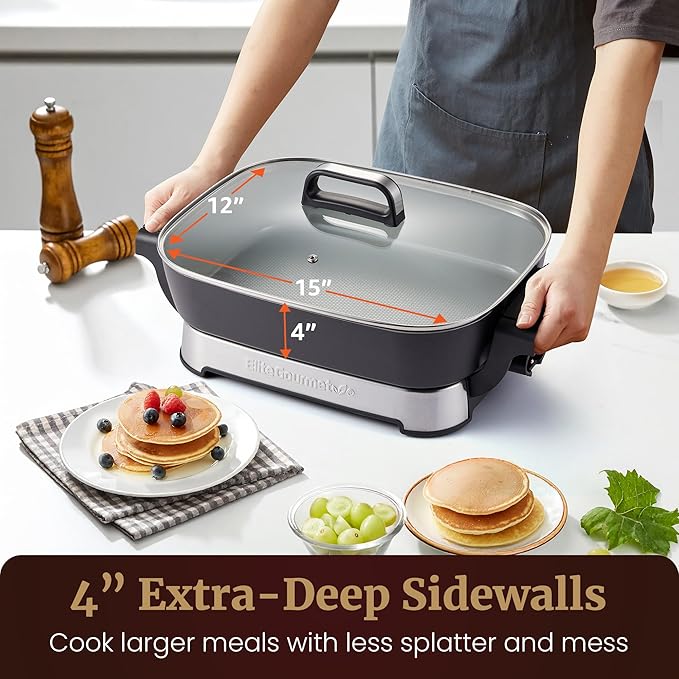 Elite Gourmet EG4403 15" x 12" x 3” Stow-Away Foldable Electric Skillet, Ceralast™ Ceramic Non-stick, 1500W Rapid Heat, Dishwasher Safe Pan & Lid, Black/Gray