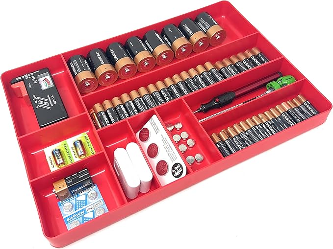 MLTOOLS Tool Drawer Organizer Tray - 10-Compartment Home & Garage Tool Tray - Stackable Workbench Toolbox Organization Holder for Small Parts, Batteries, Supplies - Made in The USA - OT10R Red