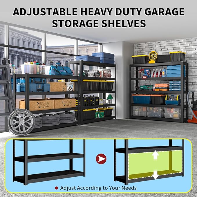 Shelving Units and Storage, 3000LBS Garage Storage Shelves, 5 Tier Shelving Unit, Steel Industrial Shelving, Adjustable Standing Shelf for Garage, Pantry, Closet 72" H x 36" W x 16" D, Black