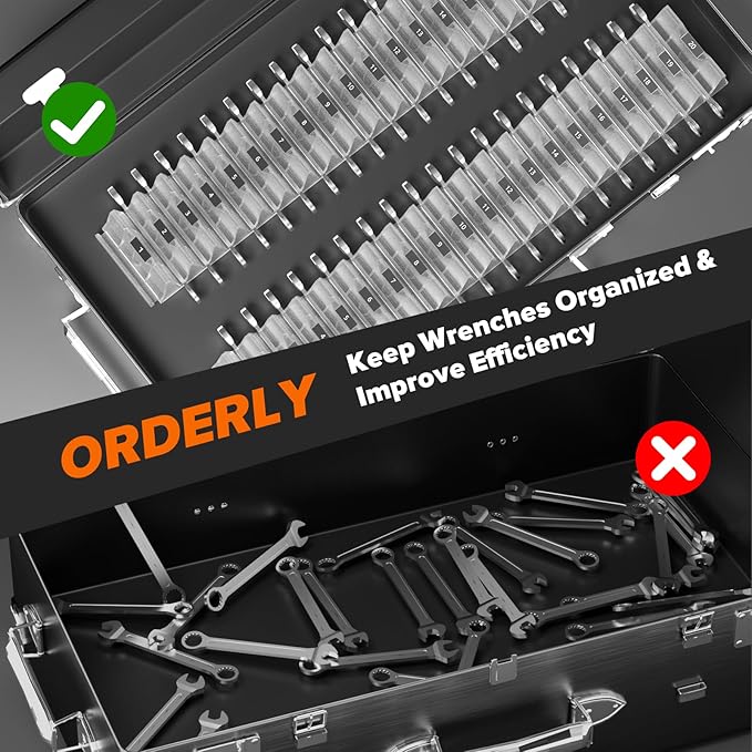 40PCS Modular Wrench Organizer Wrench Holder - Wrench Tool Organizers for Tool Drawer Storage, Wrench Storage Set with Metric & SAE Label, Wrench Rack Tool Gift for Professional Mechanics,Transparent