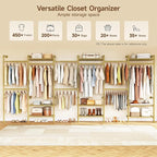 H6 Wall Mounted Closet System, Industrial Pipe Clothes Rack Clothing Racks with 6 Telescopic Rods & 3 Fixing Rods & 9 Shelves, Heavy Duty Closet Organizers and Storage in Wardrobe Closet (Gold)