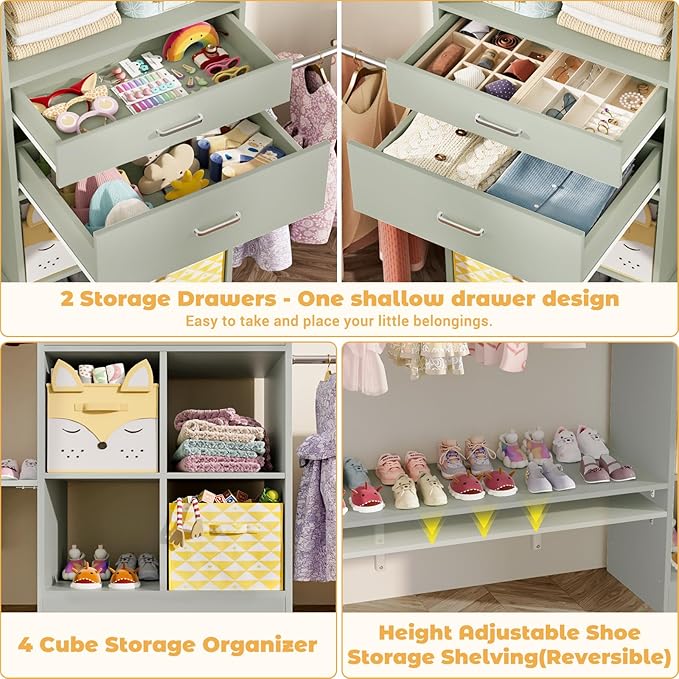 Closet System - 4.75-8FT Closet Organizer System with Wooden Drawers & Cube Storage Organizer, Up To 96" Closet Systems for Nursery & Walk-In Closets with Cuttable Hanging Shelving, Crab Green