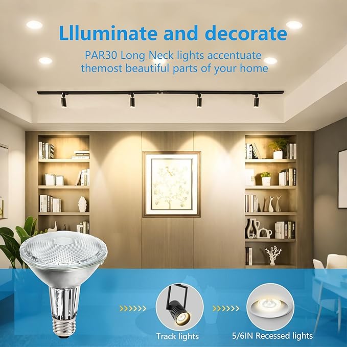 PAR30 Long Neck Halogen Flood Light Bulbs, 120V 75W, Dimmable High Output, E26 Medium Base, 2700K Warm Lighting, 3000 Hours for Recessed Light Bulb, 6 Pack