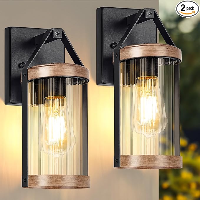 2-Pack Outdoor Light Fixtures, Waterproof Modern Exterior Wall Lantern Porch Lights, Black Wall Sconce with Clear Ribbed Glass, Outside Light with Wood Texture for House, Bulbs Not Included