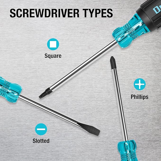 DURATECH 5 PCS S2 Steel Screwdriver Set, Professional Screwdrivers with Non-Slip Cushion Grip & Marked Specifications, 2 Phillips 2 Flathead and 1 Square Head Screw Driver, for Home and Industrial Use