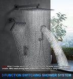 Shower Faucet Set, 12" Wall Mount Rainfall Shower System with 2 Rain Shower Head and Multi-function Handheld Head Push Button Diverter Shower Faucet Trim Kit Matte Black