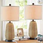 Touch Control Rattan Table Lamps, 3 Way Dimmable Bedside Lamps for Bedroom Set of 2 with 2 USB Ports and AC Outlet, Grass Rope Nightstand Lamps for Living Room Office (2 LED Bulbs Included)