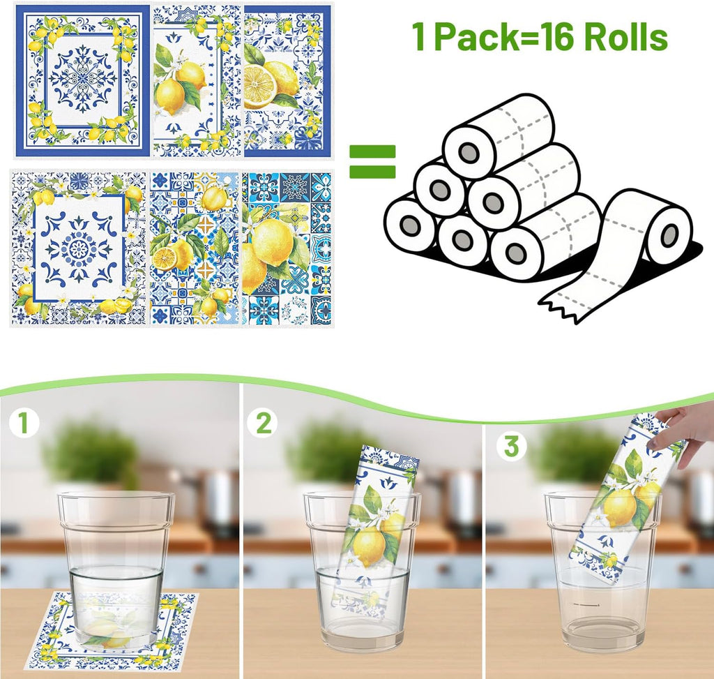 Blue Tiles Lemons Swedish Dishcloths, 6 Pack Reusable Swedish Dish Cloths for Kitchen, Washable Absorbent Dish Towel Rag Set Cellulose Sponge Cloths Housewarming Gifts