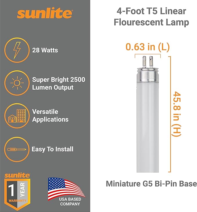 Sunlite 30330 F28T5/830 4 Foot T5 Linear Fluorescent Lamp, 28 Watts, 2500 Lumens, 3000K Warm White, Miniature G5 Bi-Pin Base, ROHS Compliant, High Performance Straight Tube, 40 Pack