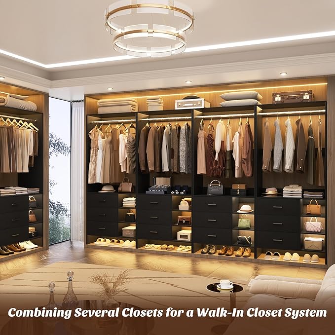 Aheaplus 2.5FT Closet System with 3 Drawers, 29.5’’ Closet Organizer, Wood Closet Organizer System, Walk-in Closet or Small Closets Wardrobe, Clothes Rack with Hanging Rods,-E6, Black