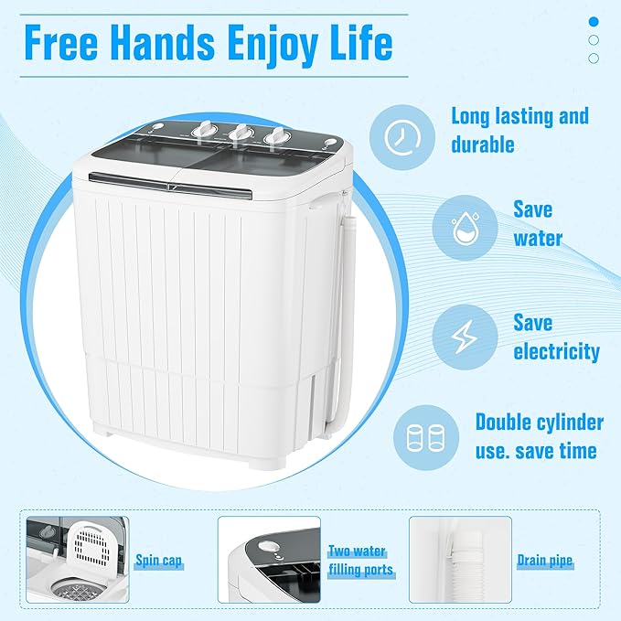 INTERGREAT Portable Washing Machine with Longer Hose, Twin Tub Washer Mini Compact Laundry Machine with Drain Pump, 16lbs Portable Washer Dryer Combo for Dorms, Apartments, Grey