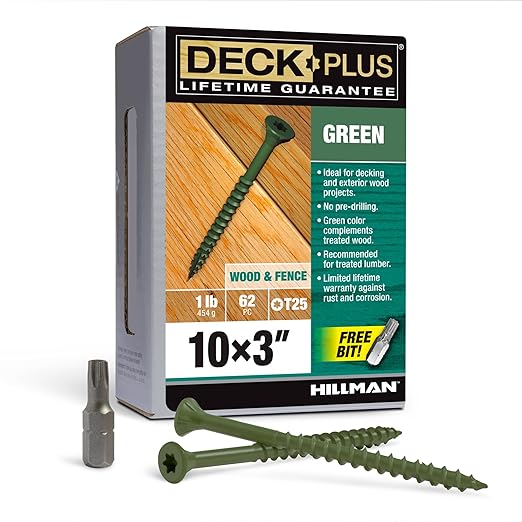 Deck Plus 3 Inch Epoxy Coated Exterior Wood and Fence Screws #10 x 3 Torx/Star Drive Included Coarse Thread, Outdoor Rust Resistant Decking Screw, Green, 1lb Box, 62 Pieces | 48404