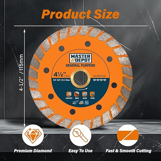 4-1/2 Inch Diamond Cutting Blade, Turbo Rim for Angle Grinder Circular Saw Cutter Wheel Dry Wet for Masonry/Concrete/Brick/Stone, 7/8"-5/8" Arbor (115mm, 3 PCS)