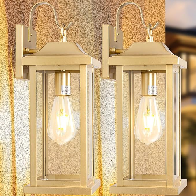 17 Inch Large Gold Outdoor Sconces Wall Lighting 2-Pack, Exterior Light Fixtures IP65 Waterproof Anti-Rust, Brass Porch Lights Clear Glass Outdoor Coach Lanterns Outside Wall Mounted Lamps