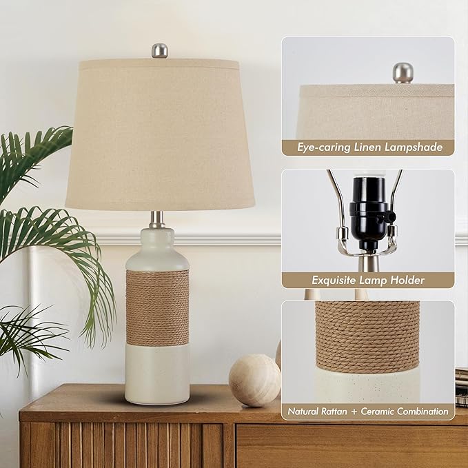 GyroVu Boho Rattan Table Lamp Set of 2, 3 Color Temperature Bedside Lamps, Lamps for Night Stands, Vintage Farmhouse Rattan Table Lamp Antique Lamp for Decoration, Living Room Bedside Table