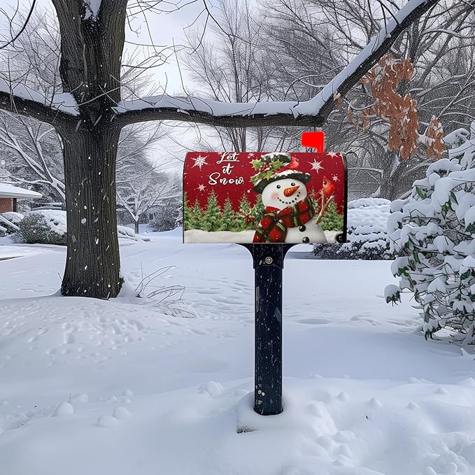 Snowman Mailbox Covers Magnetic Large Size Xmas Cardinal Mailbox Cover 25.5X21 Inch Winter Pine Tree Post Box Christmas Letterbox Wraps for Garden Yard Decorations